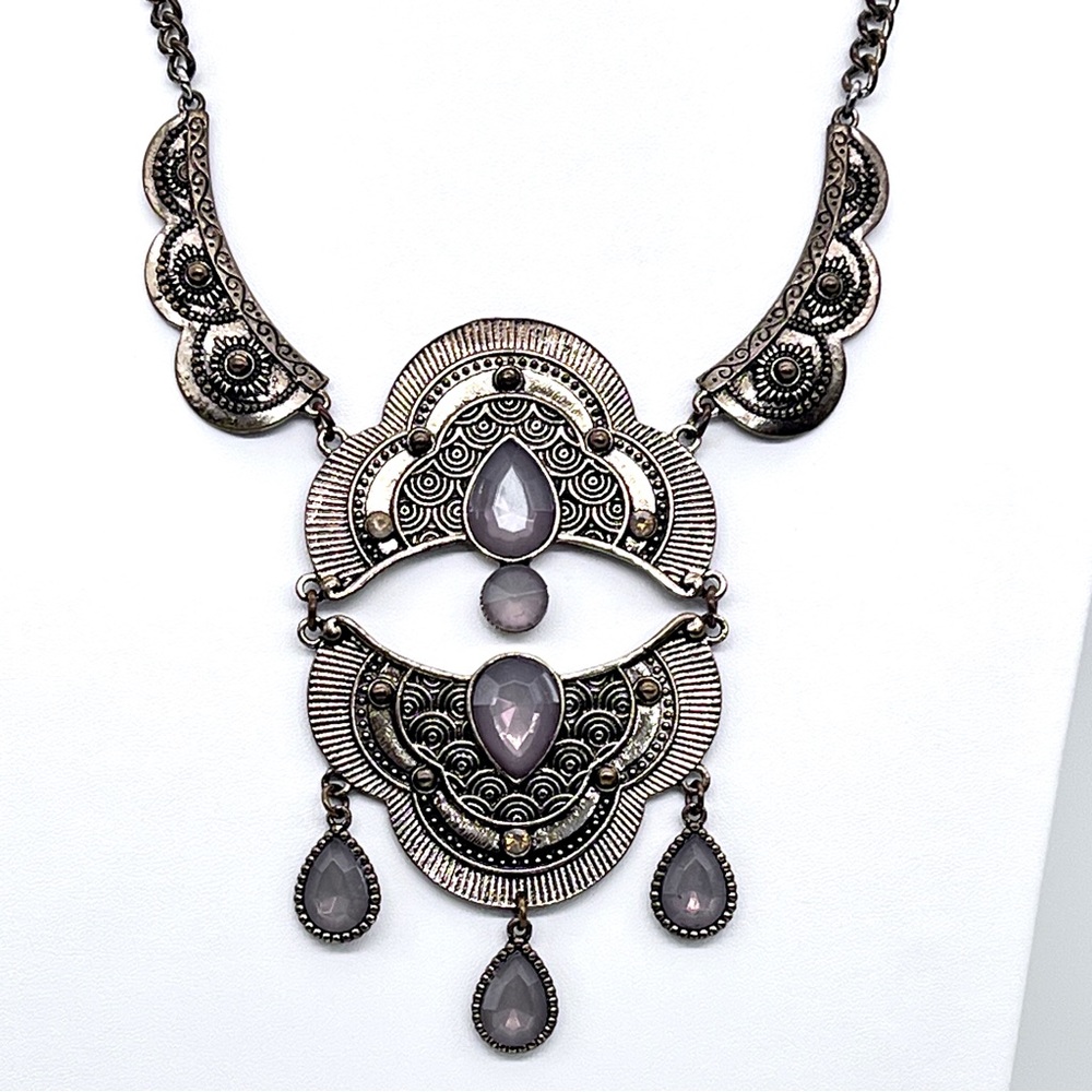 Unique Vintage Gray Jeweled SilverTone Tribal Statement Necklace - Picture 3 of 6